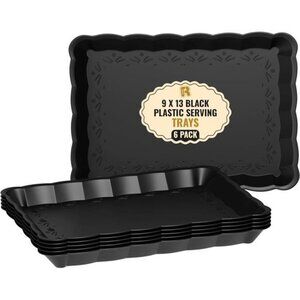 Black Serving Trays 6 Pack Plastic Party Platters Buffet Catering 9x13 Inches